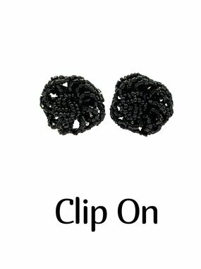 Vintage 50s-70s Black Glass Beaded Floral Motif  Clip On Earrings Womans Jewelry